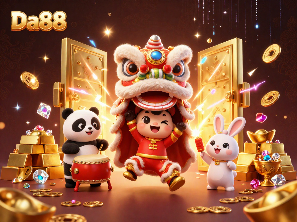 Experience Da88's festive excitement with lucky lion dancers and treasures in a vibrant casino scene.