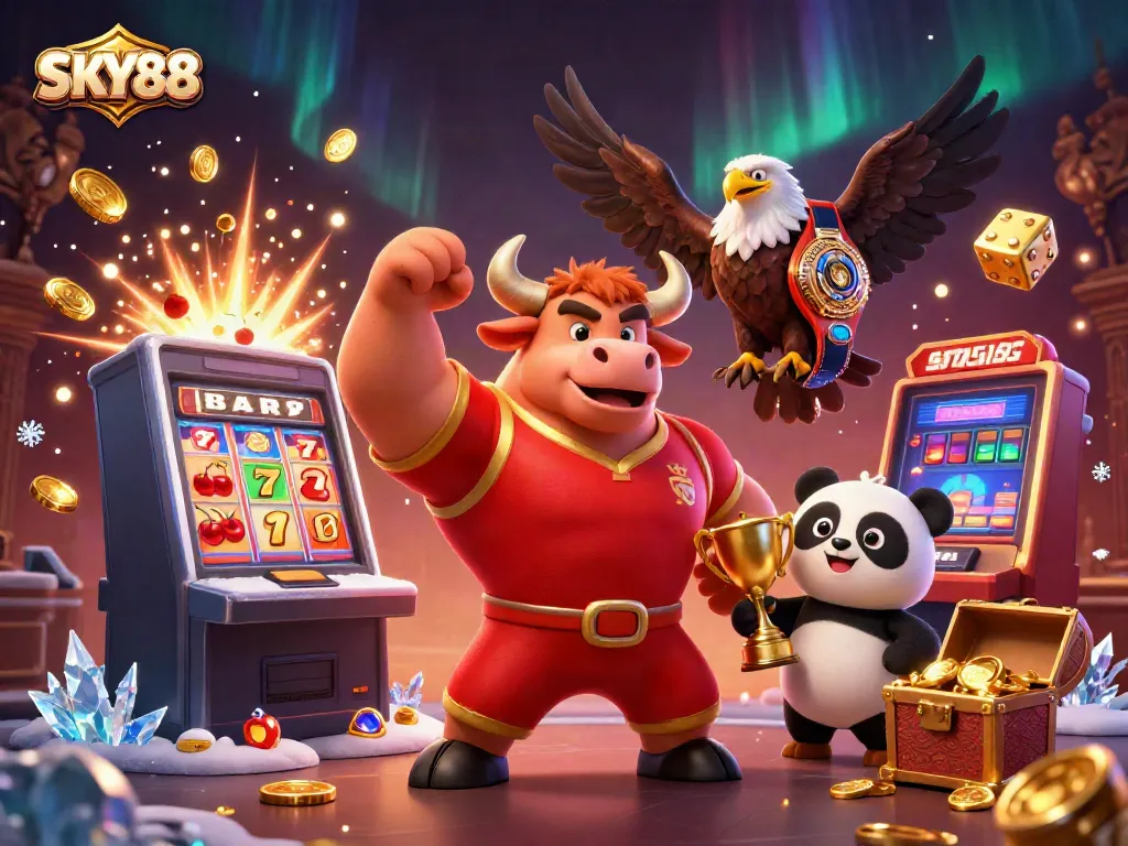 Experience the thrill of SKY88 with joyful characters amidst a vibrant casino scene and jackpot excitement.