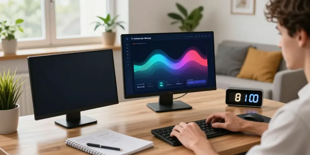 Person using the Internet Money wallet on a laptop in a modern workspace, featuring crypto analysis and asset swapping.