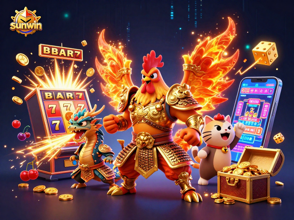 Engage with sunwin's thrilling slot experience in this dynamic 3D illustration featuring powerful characters.
