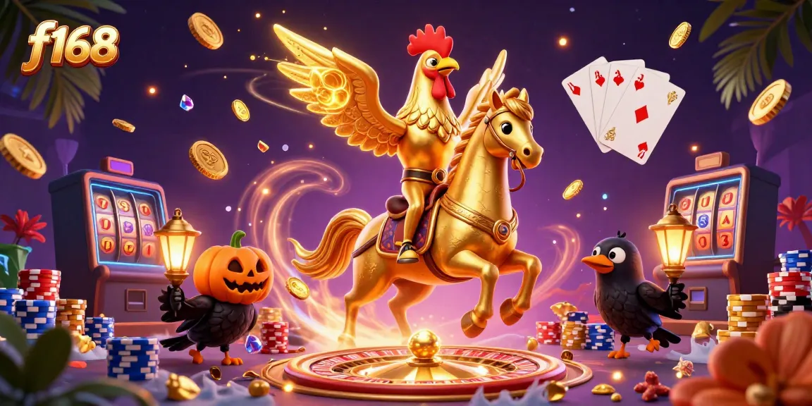 Experience the thrilling casino ambiance with vibrant scenes of f168, featuring a gold rooster and spooky companions amidst cascading coins and glowing gems.