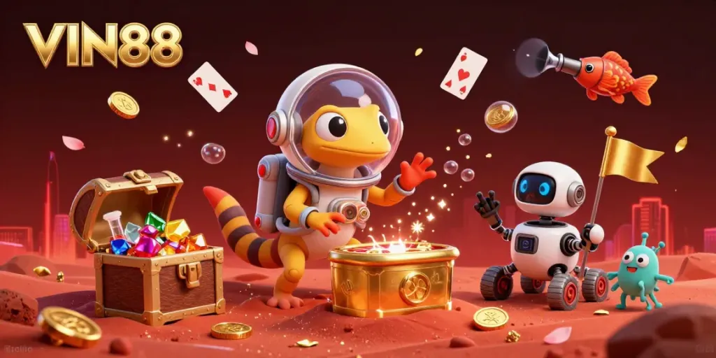 Experience the excitement of VIN88 with a Martian gecko exploring a golden casino amidst vibrant gaming elements.