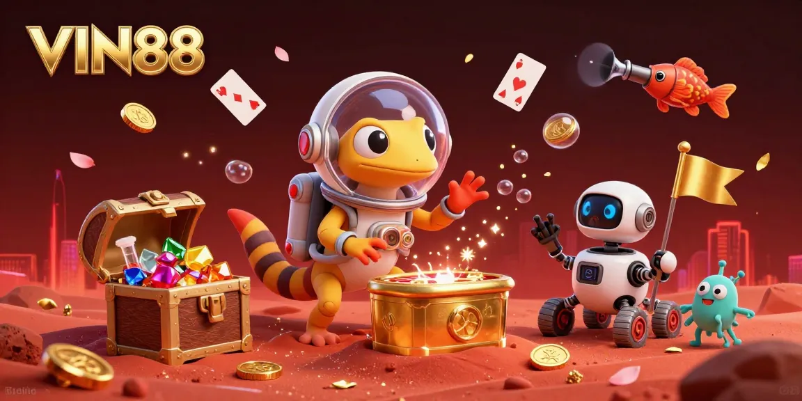 Experience the excitement of VIN88 with a Martian gecko exploring a golden casino amidst vibrant gaming elements.