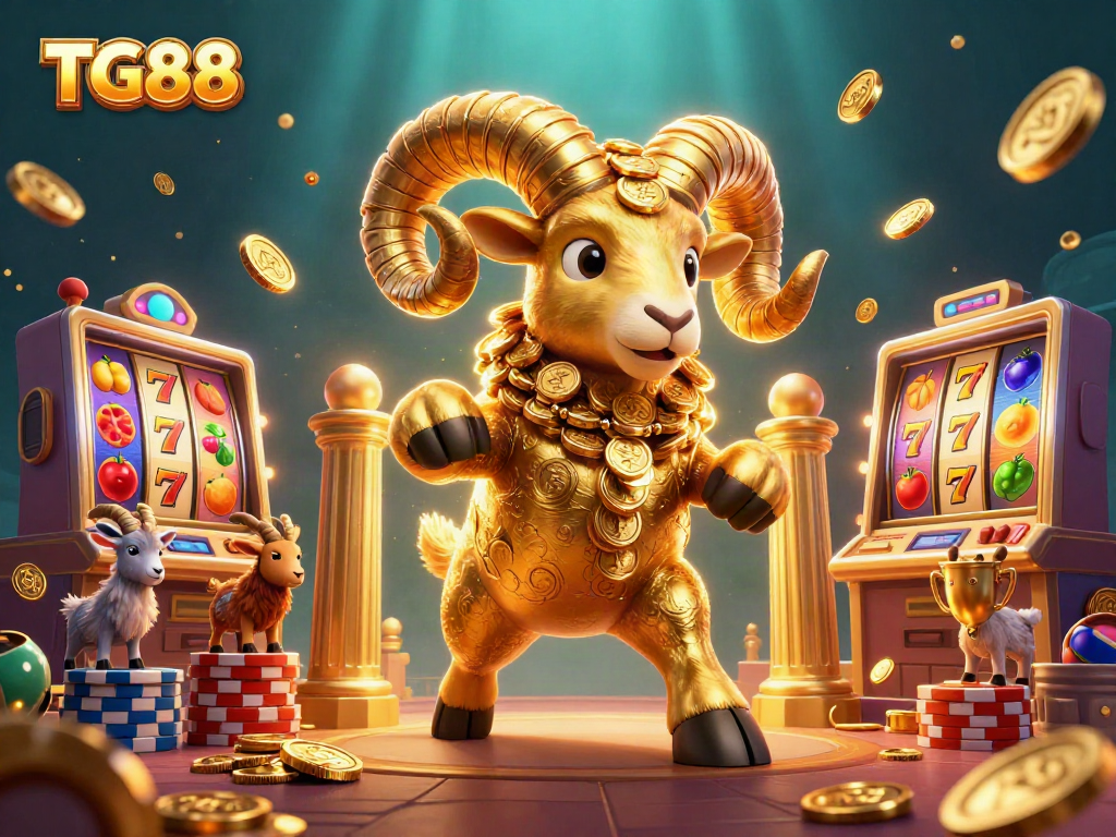 Experience thrilling casino excitement with TG88 amidst dynamic slot elements and vibrant gold coins.