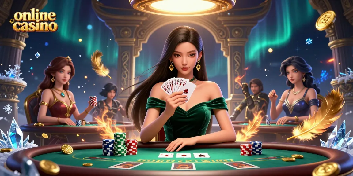 Engage in the online casino scene with a poker strategy, showcasing cards and gold tokens.