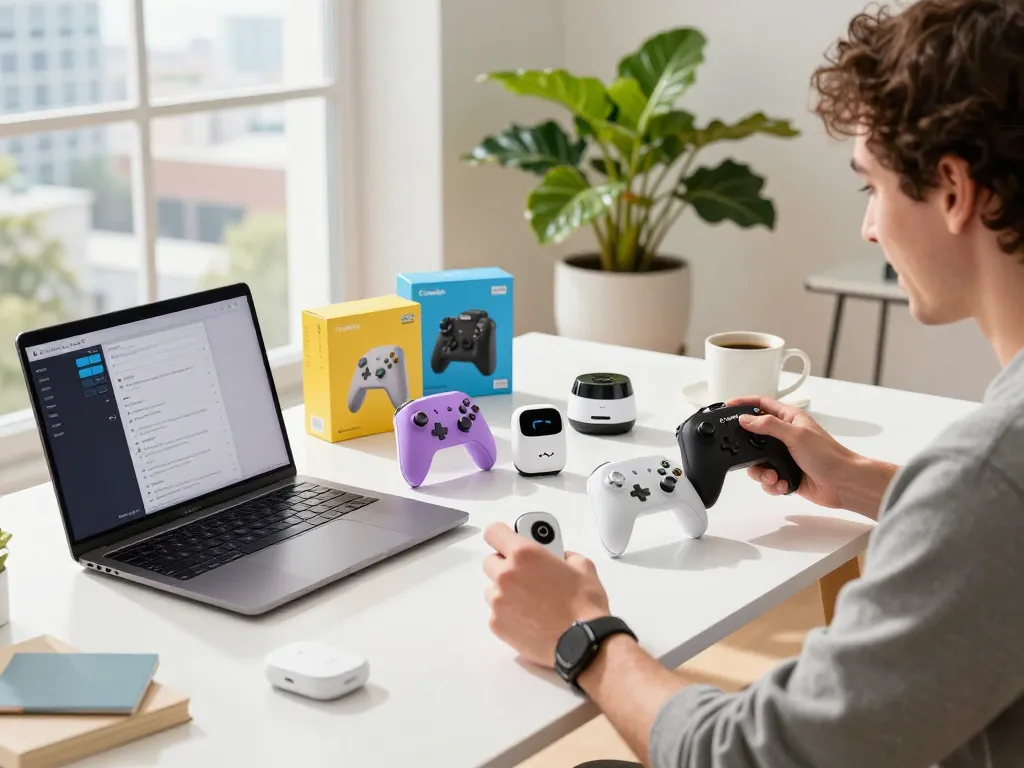 Testing innovative tech gadgets in a bright workspace filled with colorful devices and modern decor.