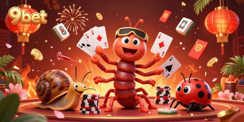 Engage with exciting gameplay at 9bet, featuring a dynamic casino scene with colorful characters and game elements.