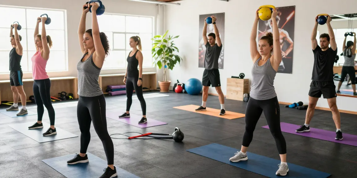 Actieve mensen in de Unique Pharma Shop sportschool met kettlebells en motivatieborden die een energieke sfeer creëren.