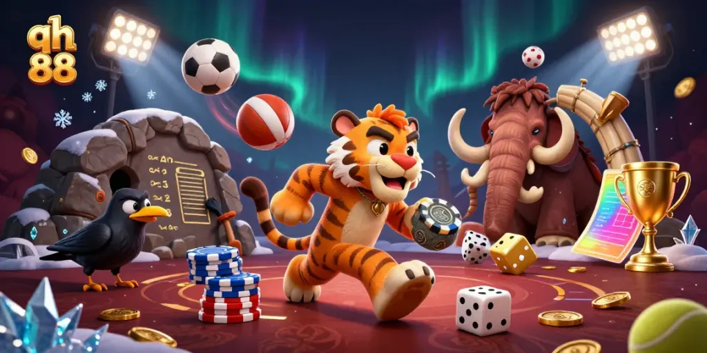 Experience the thrilling atmosphere of qh 88 with a dynamic casino scene featuring cavemen and sports elements.