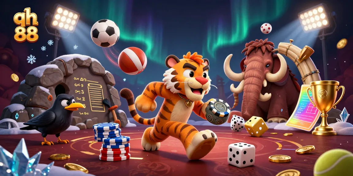 Experience the thrilling atmosphere of qh 88 with a dynamic casino scene featuring cavemen and sports elements.