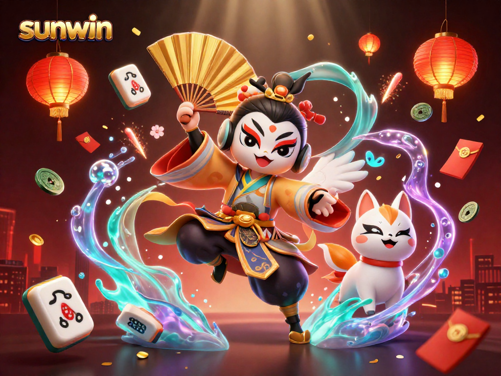 Engage with sunwin’s vibrant 3D casino scene featuring kabuki characters and festive elements.