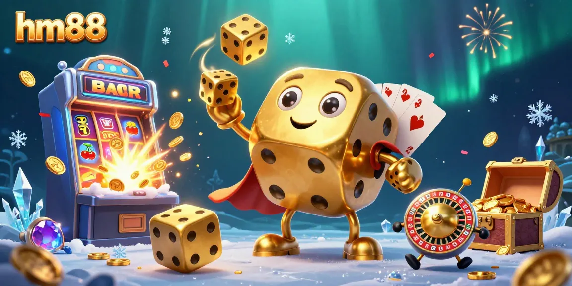 Win big with hm88's exciting golden dice golem in a vibrant casino adventure illustration.