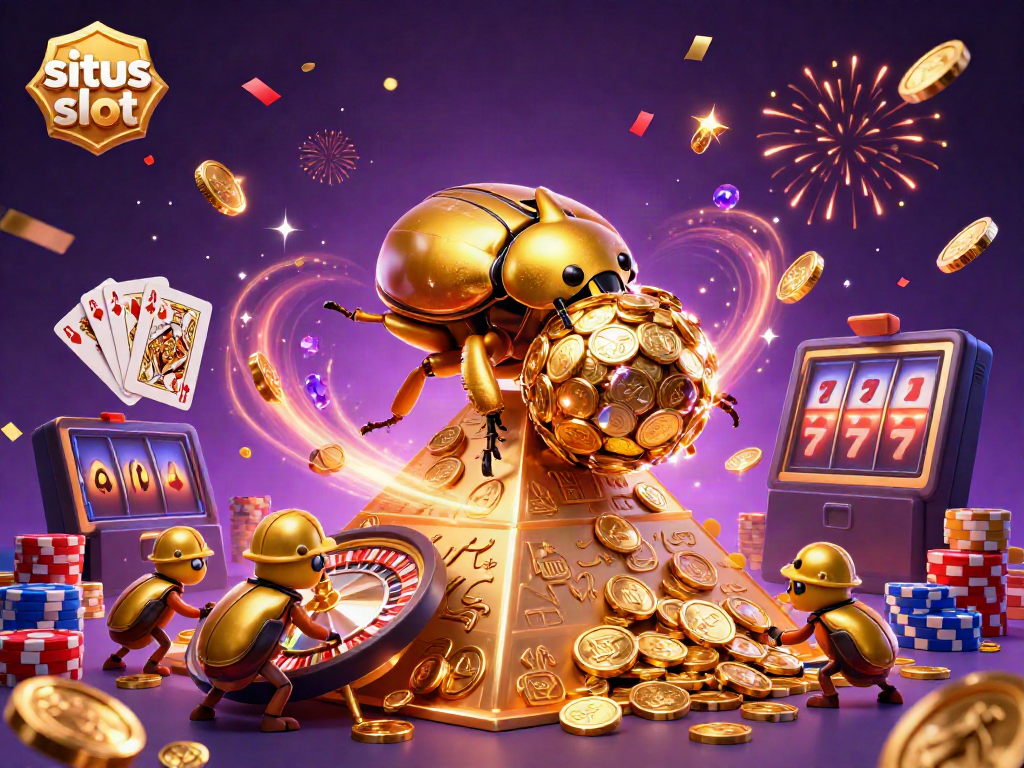 Experience situs slot excitement with golden coins cascading from beetles in a vibrant casino scene.