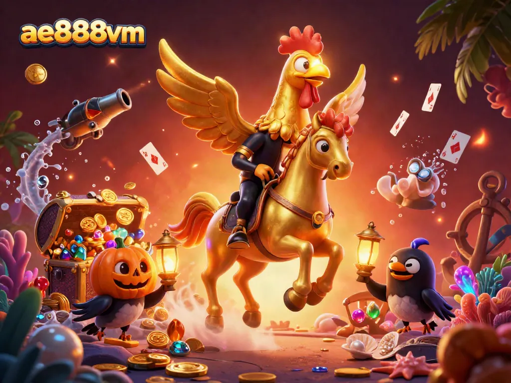 Experience the vibrant energy of ae888vm with a golden rooster leading a midnight casino adventure.