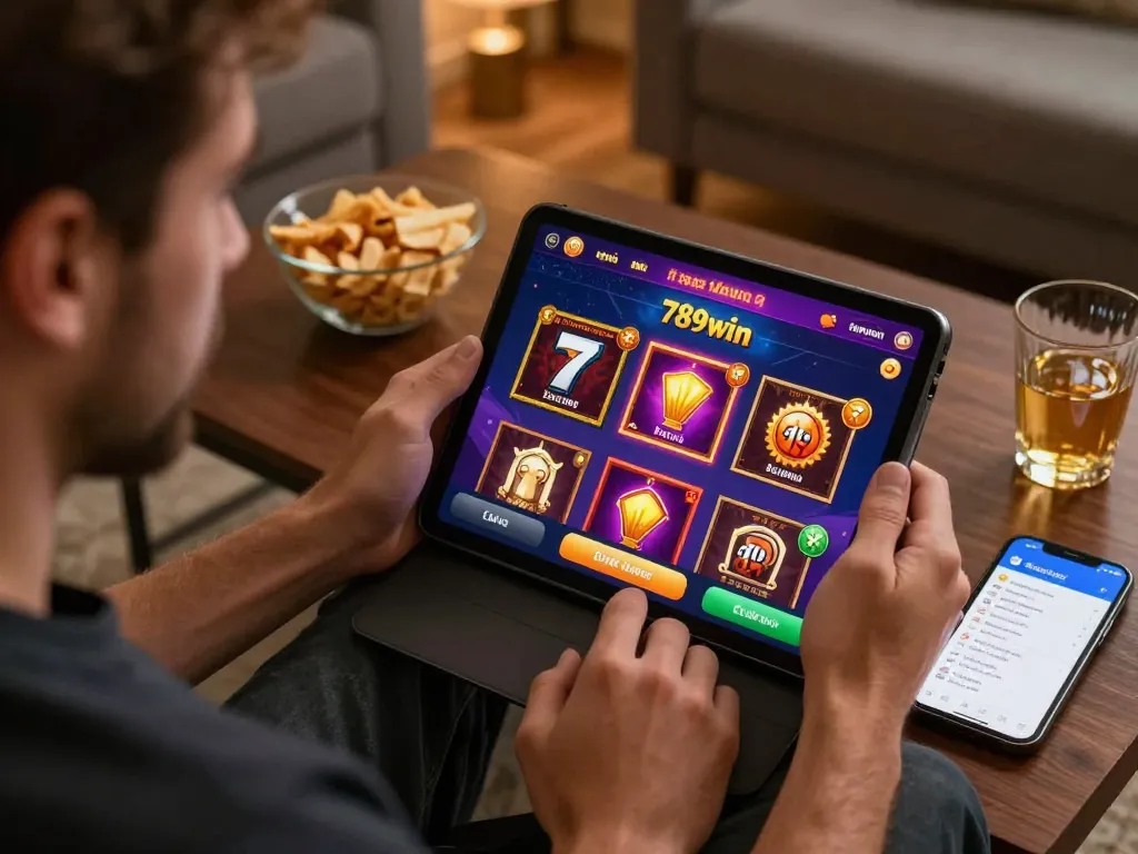 Engaging in exciting gameplay with the 789win game on a tablet, set in a cozy home environment, emphasizing responsible gambling.