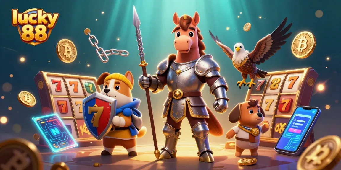 Engage in the exciting luck of lucky 88 with slot reels and knightly characters in this vibrant scene.