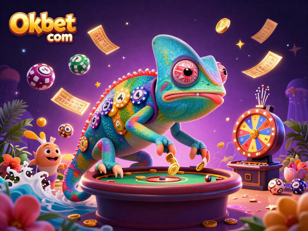 Engage in gaming excitement with Oxbet com in a vibrant 3D casino scene featuring a colorful chameleon.