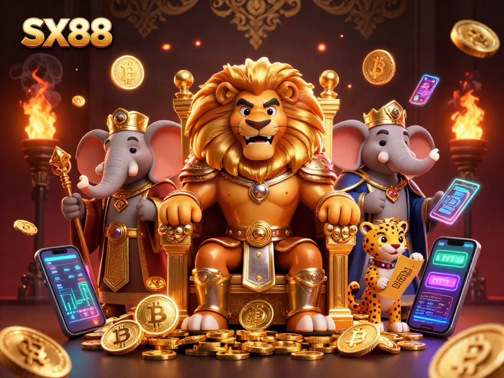SX88 showcases thrilling casino adventure with a lion king, elephant advisor, and cheetah messenger.