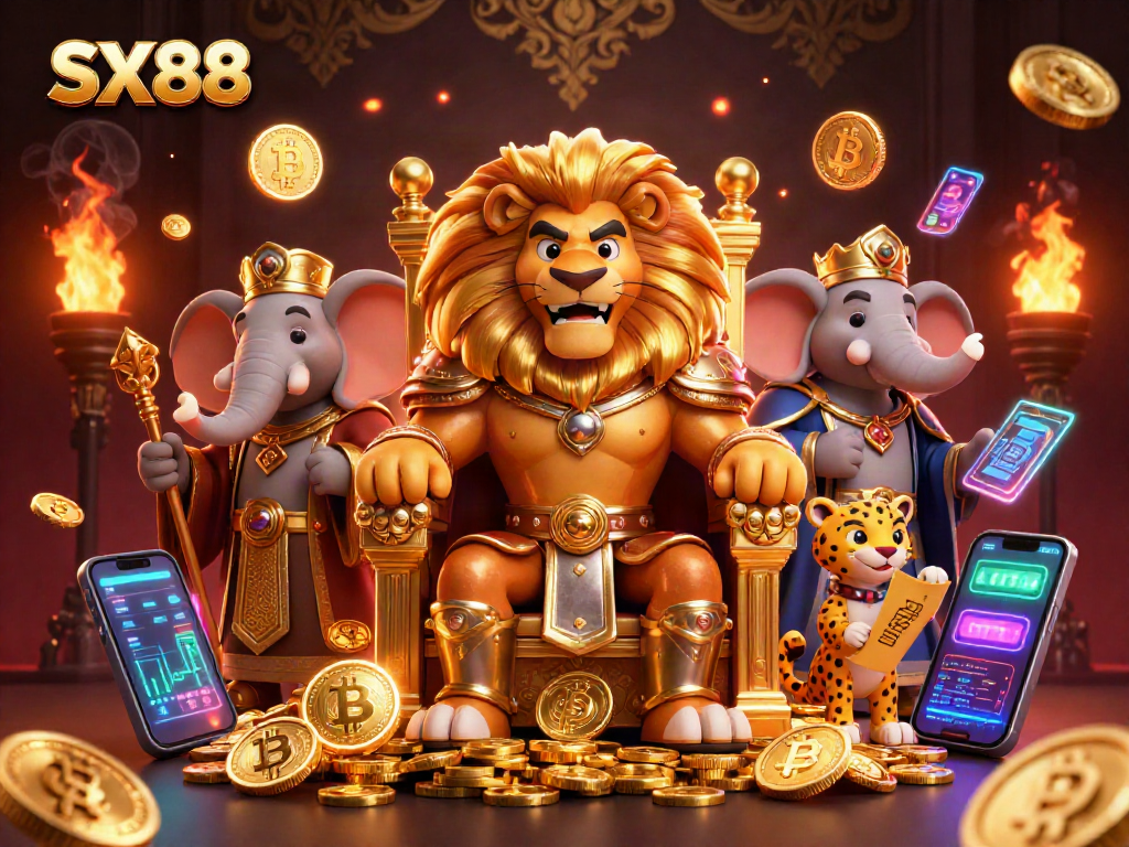 SX88 showcases thrilling casino adventure with a lion king, elephant advisor, and cheetah messenger.