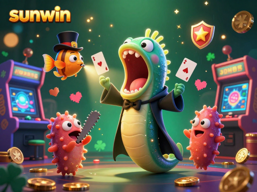 Experience the magic of sunwin with a vibrant 3D casino scene featuring deep-sea characters performing tricks.