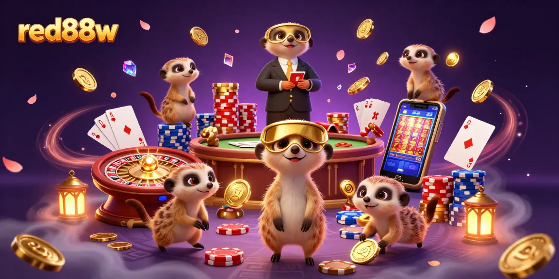Meerkats run an elaborate casino operation amid cascading coins and shining gems for red88w.