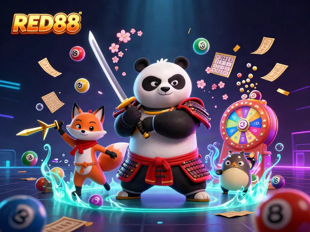 Engage in thrilling gaming action with RED88's vibrant characters and dynamic casino elements.