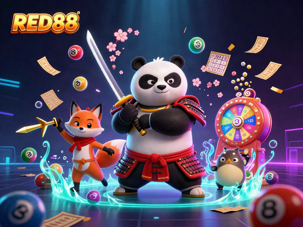 Engage in thrilling gaming action with RED88's vibrant characters and dynamic casino elements.