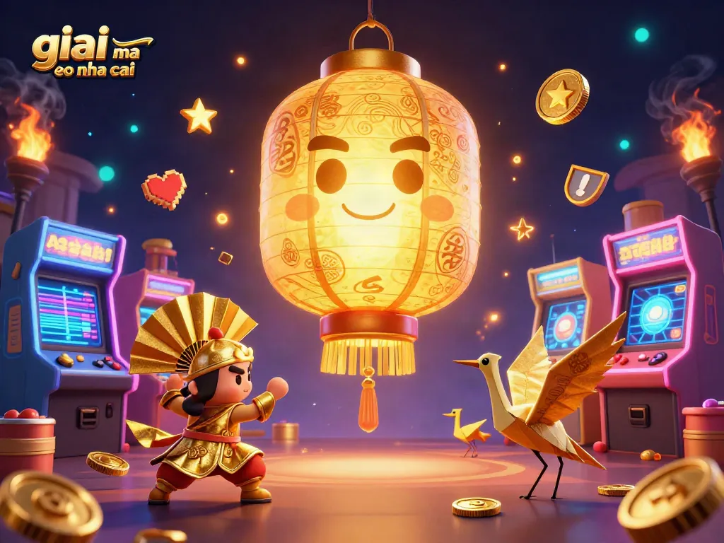 Engage with giai ma keo nha cai through a vibrant 3D illustration with golden lanterns and arcade elements.