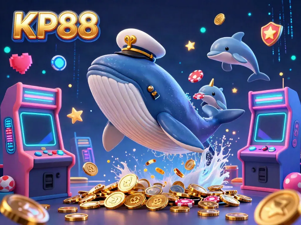 Experience KP88 with a majestic whale breaching through coins while dolphins playfully toss poker chips, creating an exciting casino atmosphere.