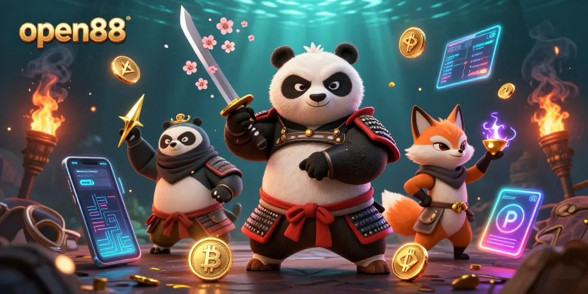 Spin the reels at open88 with a dynamic casino scene featuring captivating gaming characters and crypto elements.
