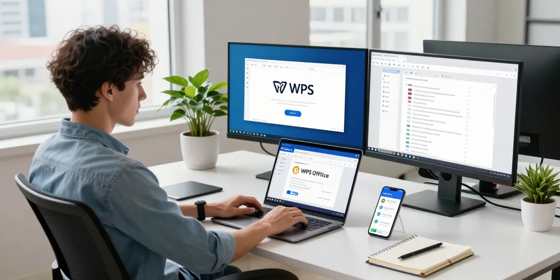 Download WPS Office on a laptop in a modern workspace with productivity tools.