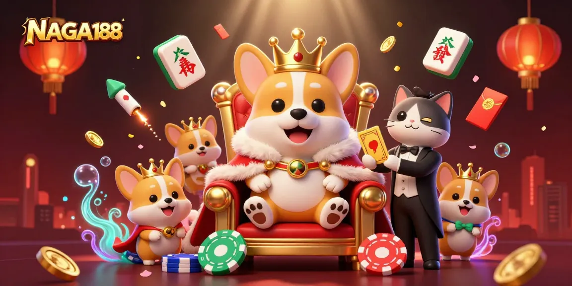 NAGA188 menampilkan corgi kerajaan 3D bermahkota emas di tengah suasana kasino yang semarak.