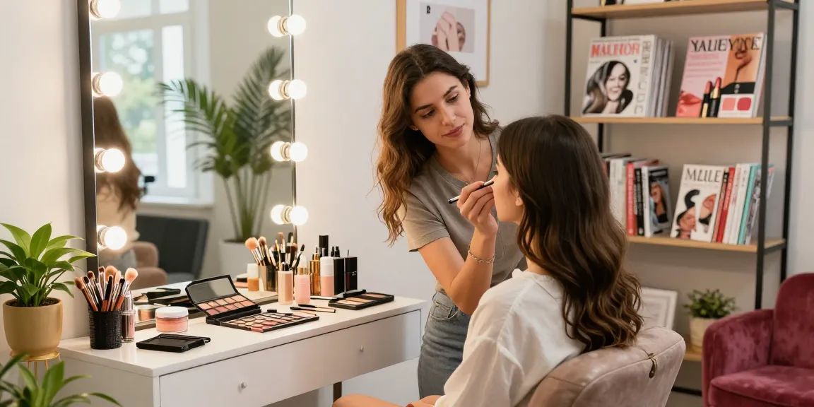 Permanente wenkbrauwen schoonheidsbehandeling in een gastvrije salon, met make-up applicatie en levendige decoratie.
