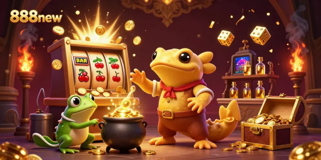 Experience the excitement of 888new with a golden alchemist and vibrant casino elements in a lively scene.