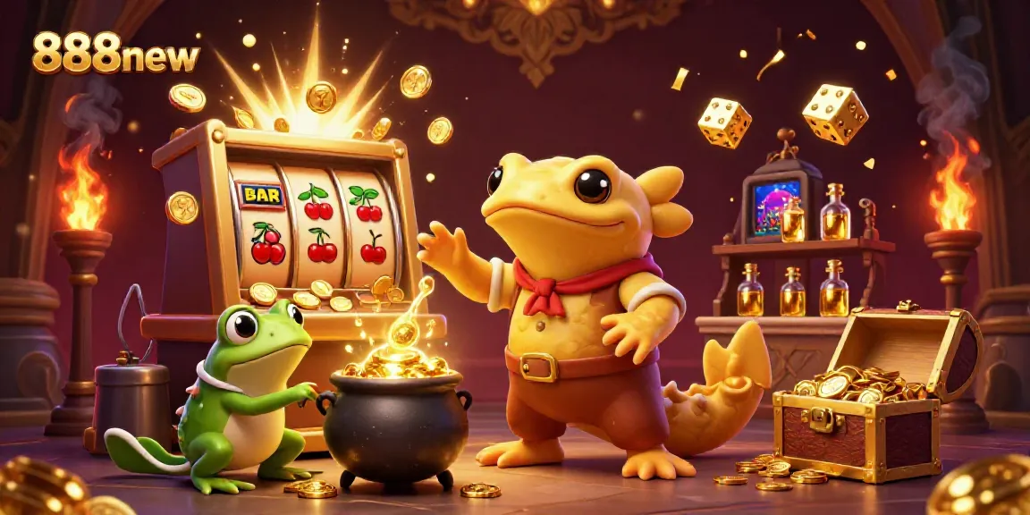 Experience the excitement of 888new with a golden alchemist and vibrant casino elements in a lively scene.