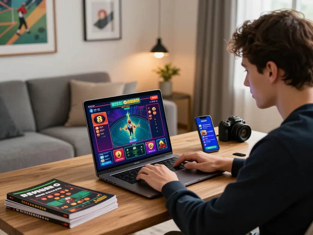 Engaging online betting scene depicting Topbet đăng nhập process with vibrant game graphics and betting strategy books.