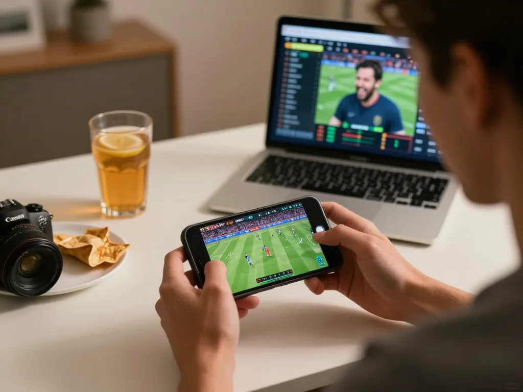 Player engaging in sports betting on smartphone while managing live betting odds with 79sodoni in an inviting home environment