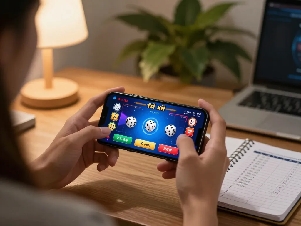 Engaging with app tài xỉu online on smartphone, showcasing interactive gameplay in a cozy setting