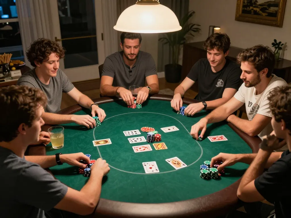 Vin88 poker night with friends gathering around a table, showcasing intense gameplay and camaraderie
