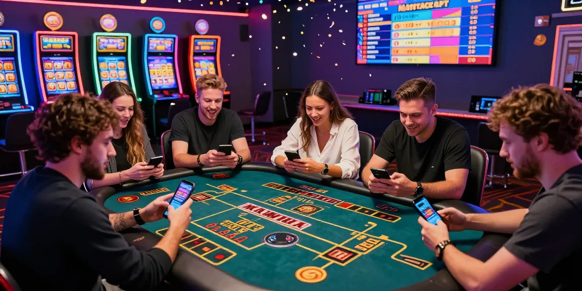 Spieler genießen eine Paysafe Card Casino-Erfahrung, interagieren mit aufregenden Spielen, lebendigen Farben und festlicher Atmosphäre.