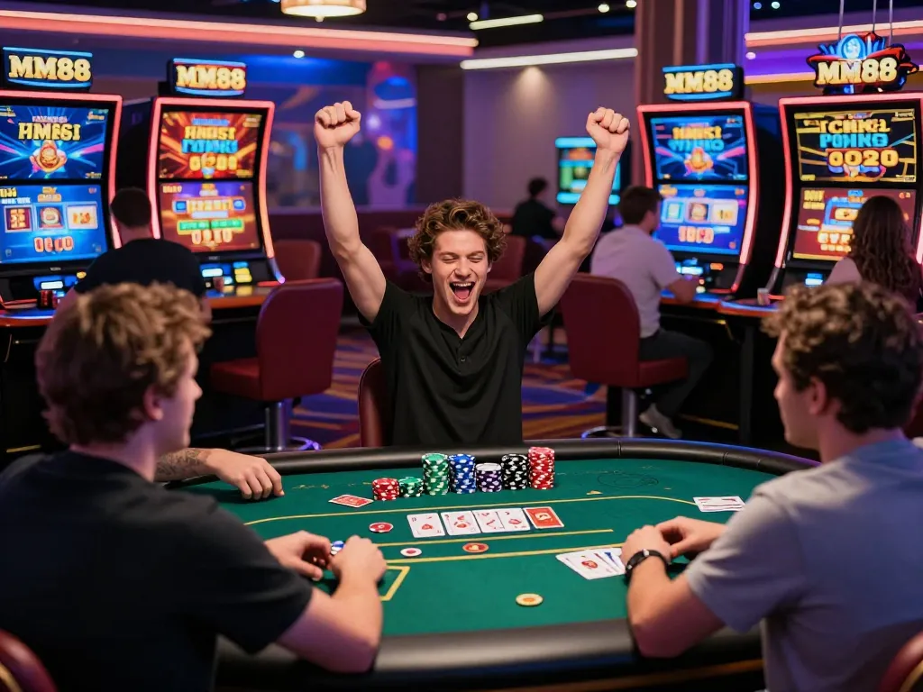 Excited players celebrating wins on the MM88 online casino platform amidst vibrant gaming atmosphere.