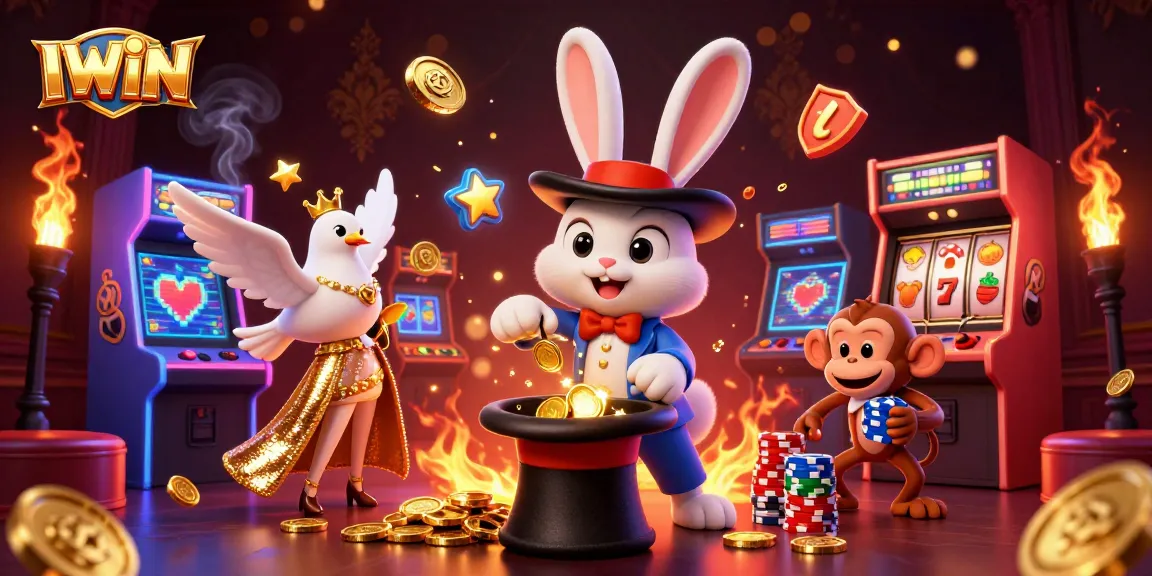 IWIN brings excitement with a magician pulling coins, a dove assistant, and a monkey stealing poker chips in a lively casino.