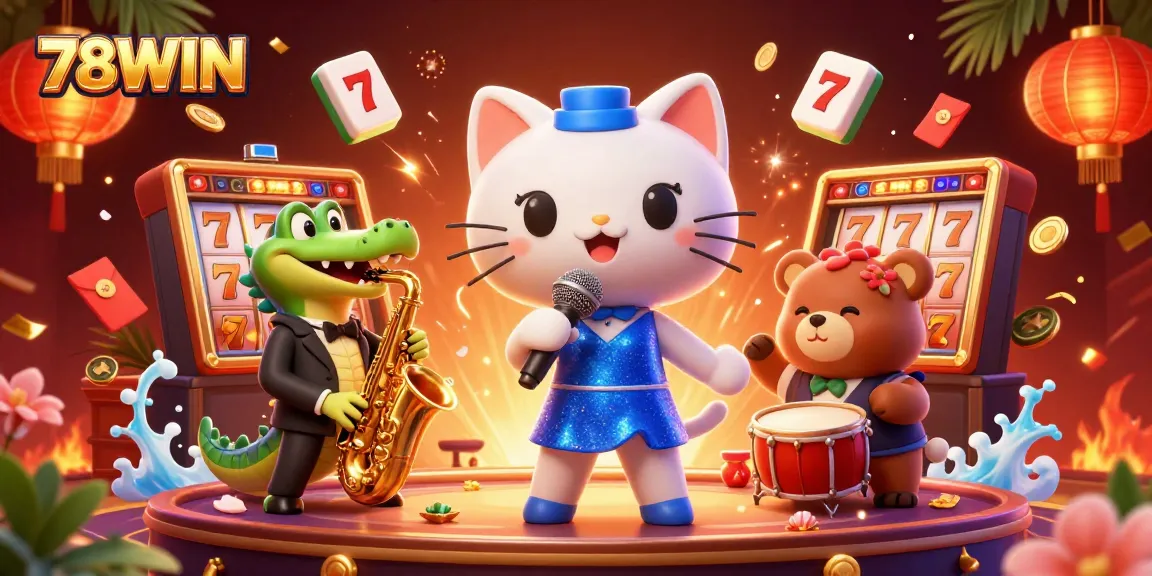 Engage with the vibrant 78WIN slots experience featuring animated characters and golden game elements.