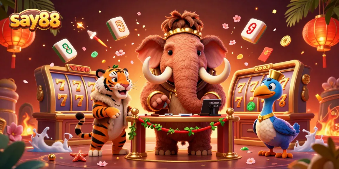 Experience the excitement at say88 with vibrant characters and dynamic casino elements in a lavish setting.