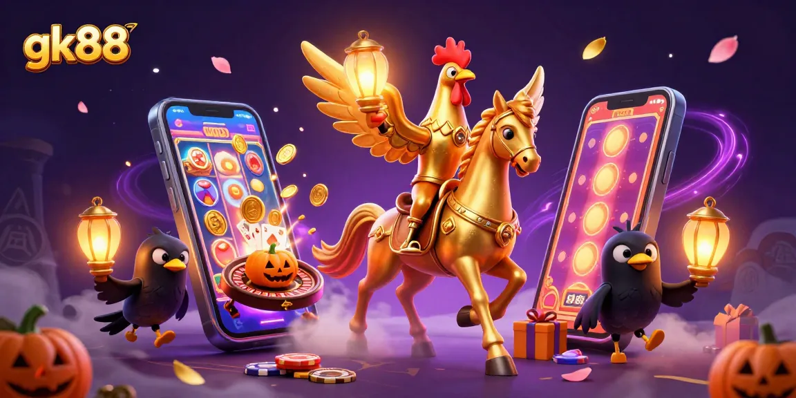 Engage with thrilling gk88 casino action led by a golden rooster in a magical midnight scene.