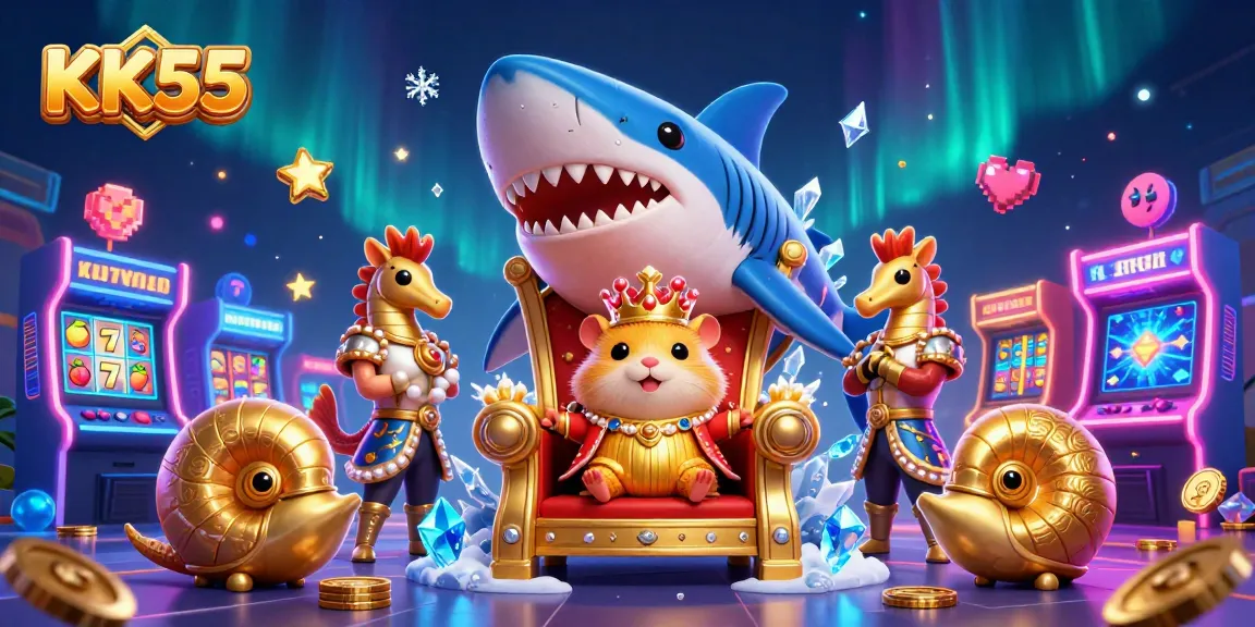 Engage with KK55's exciting gaming world, featuring a golden hamster king and vibrant slot reels.