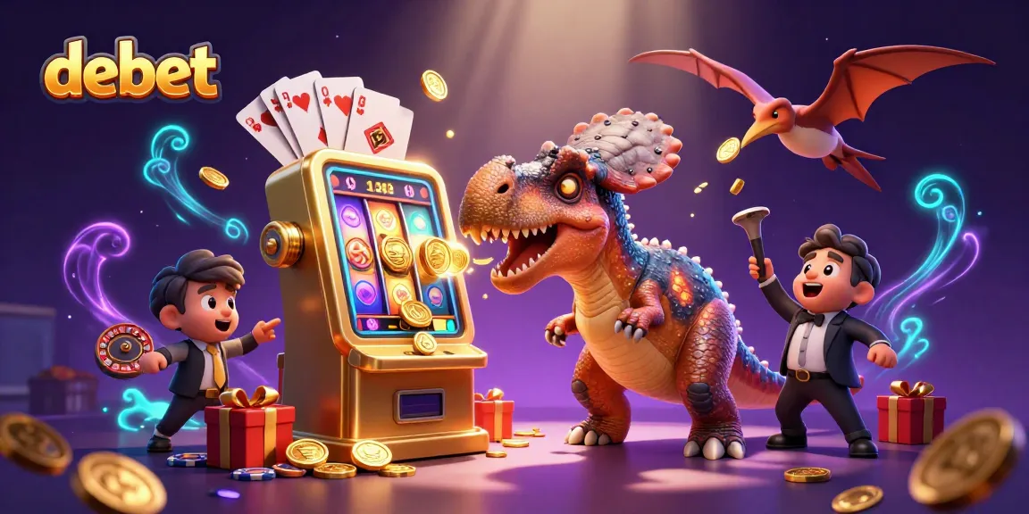 Catch the thrilling jackpot with debet as a dinosaur hits the slot machine amidst flying coins!