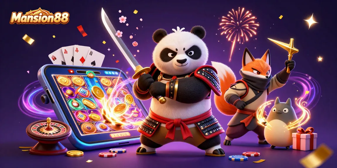 Mansion88 illustrates a vibrant casino scene with a samurai panda and ninja fox amidst spinning slot reels and golden coins.