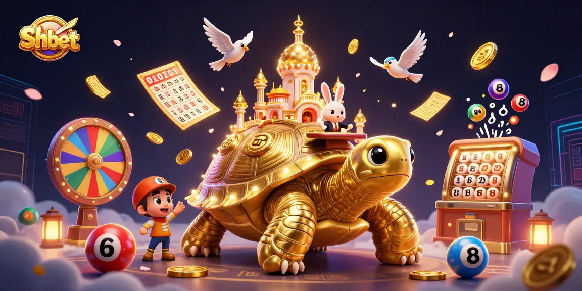 Experience the thrill of Sh bet with a vibrant casino scene showcasing a golden tortoise and a rabbit dealer amid a cascade of lottery elements.