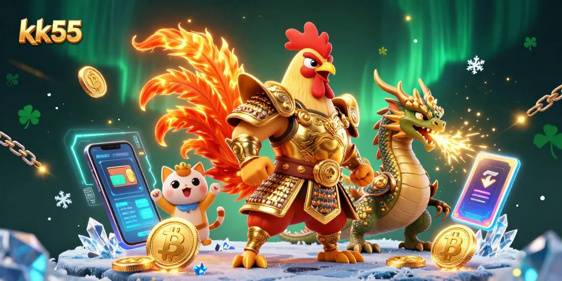 Engage in thrilling action at KK55 with our dynamic 3D rooster warrior mascot and crypto-themed elements.